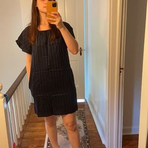 Banana Republic Off-the-shoulder Navy Blue Stripped Dress